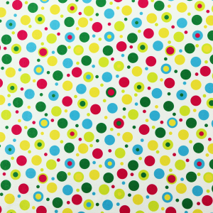 A playful fabric pattern featuring scattered polka dots and concentric circles in various sizes and colours, including pink, blue, green, yellow, and lime on a white background.