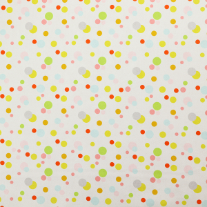 A subtle fabric pattern featuring scattered pastel and bright polka dots in shades of yellow, orange, light green, grey, and soft blue on a white background.