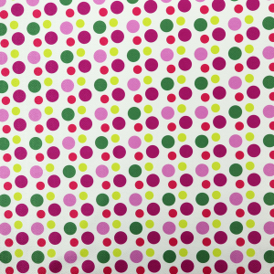 A playful fabric pattern featuring neat vertical rows of alternating polka dots in shades of magenta, pink, green, and lime on a white background.