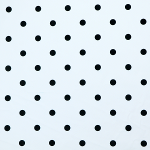 A white fabric pattern featuring evenly spaced black polka dots arranged in horizontal and vertical rows.