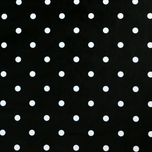 A black fabric pattern featuring evenly spaced white polka dots arranged in horizontal and vertical rows.
