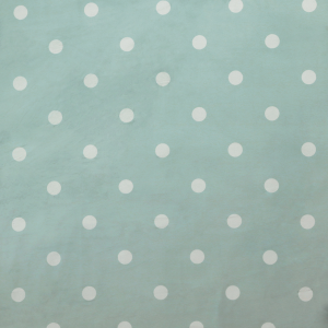 A sage green or pale teal fabric pattern featuring evenly spaced white polka dots arranged in horizontal and vertical rows.