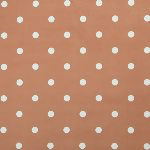 A terracotta or warm brown fabric pattern featuring evenly spaced white polka dots arranged in horizontal and vertical rows.