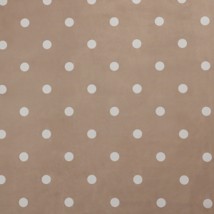 A taupe or warm grey-brown fabric pattern featuring evenly spaced white polka dots arranged in horizontal and vertical rows.
