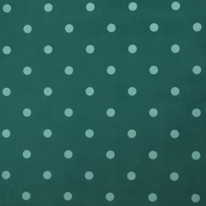 A dark teal or blue-green fabric pattern featuring evenly spaced pale green or off-white polka dots arranged in horizontal and vertical rows.